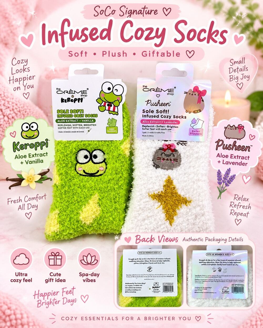 The Creme Shop Pusheen Keroppi Infused Cozy Socks 2 Pair NWT Kawaii Gift Set